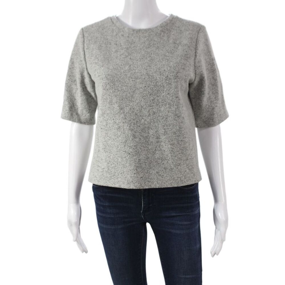 Theory Women Basic Crew Neck Short Sleeve Gray Wool Blend Zip Top Size M